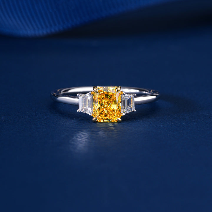 0.90 CT Fancy Yellow Radiant Lab Grown Diamond Three Stone Unique Engagemnet Ring