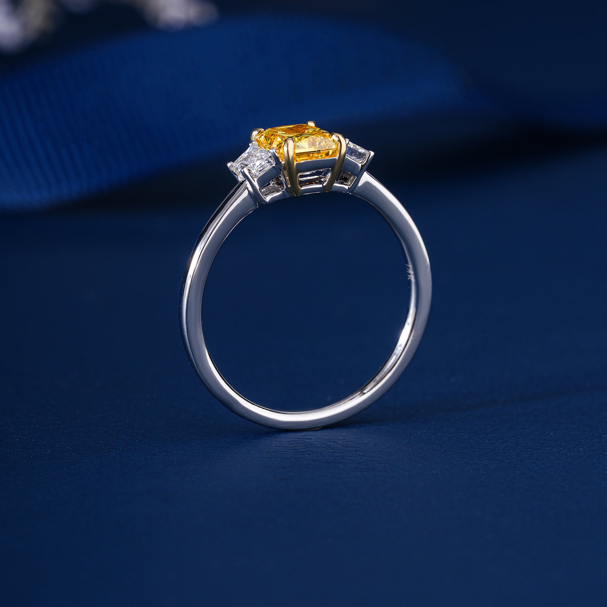 0.90 CT Fancy Yellow Radiant Lab Grown Diamond Three Stone Unique Engagemnet Ring