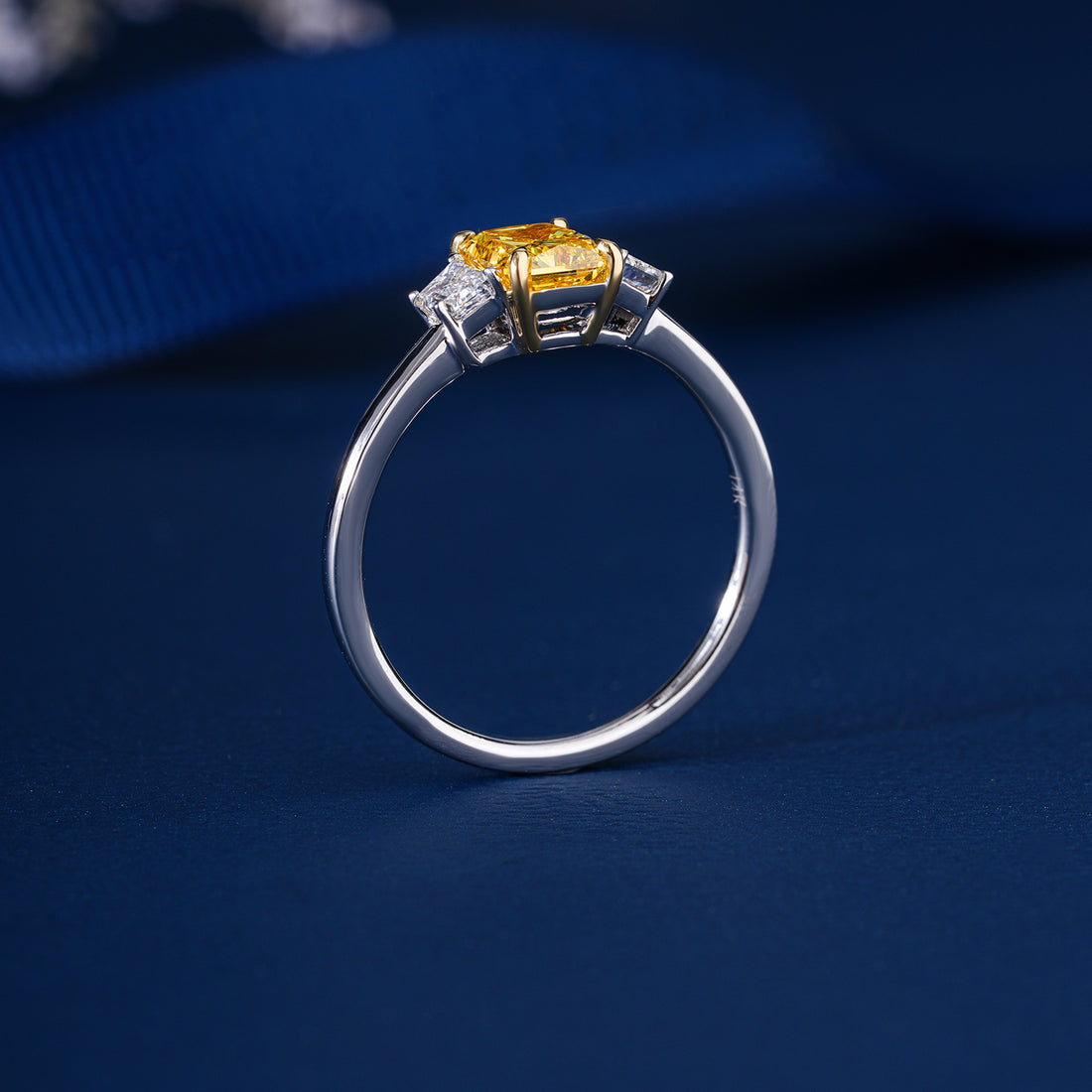 0.90 CT Fancy Yellow Radiant Lab Grown Diamond Three Stone Unique Engagemnet Ring