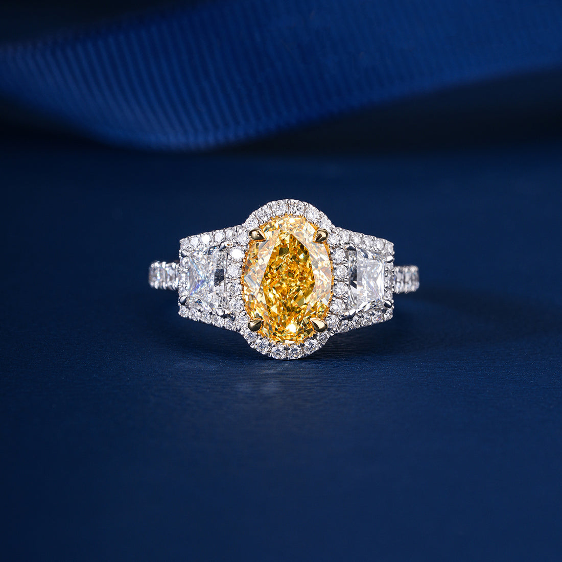 2 Carat Fancy Yellow Oval Lab Grown Diamond Halo Vintage Style Engagement Ring