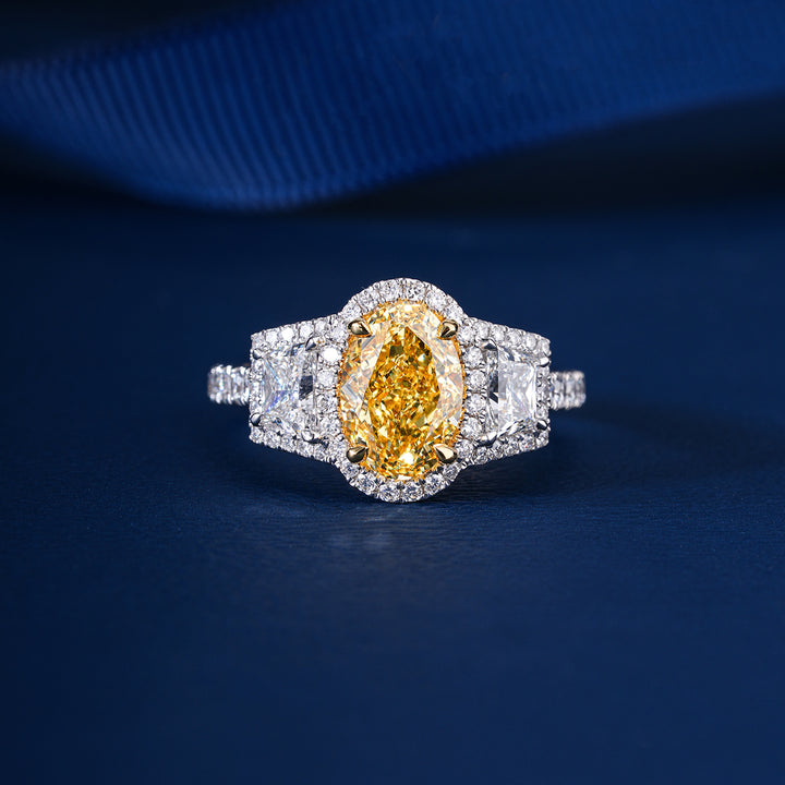2 Carat Fancy Yellow Oval Lab Grown Diamond Halo Vintage Style Engagement Ring
