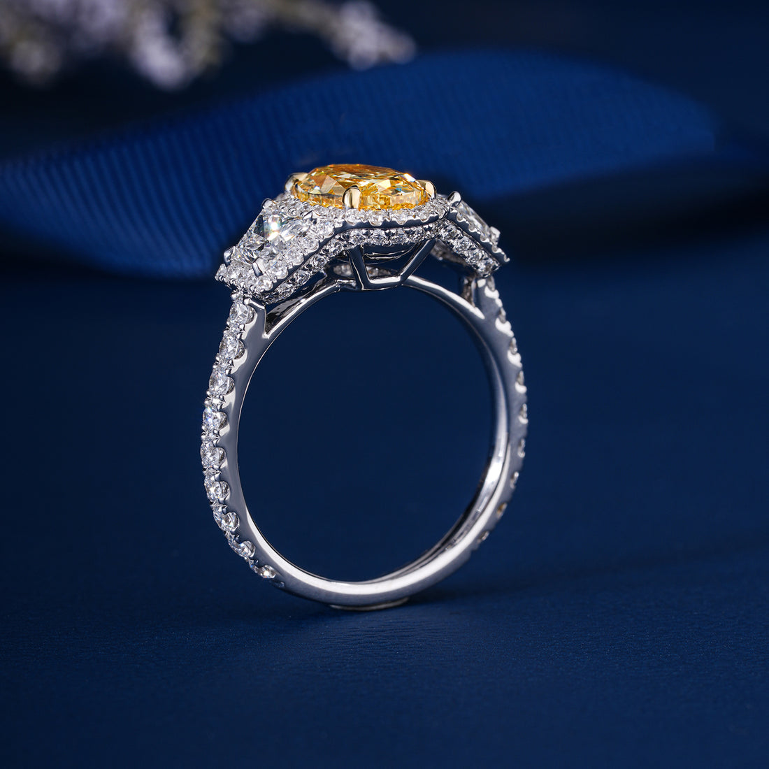 2 Carat Fancy Yellow Oval Lab Grown Diamond Halo Vintage Style Engagement Ring