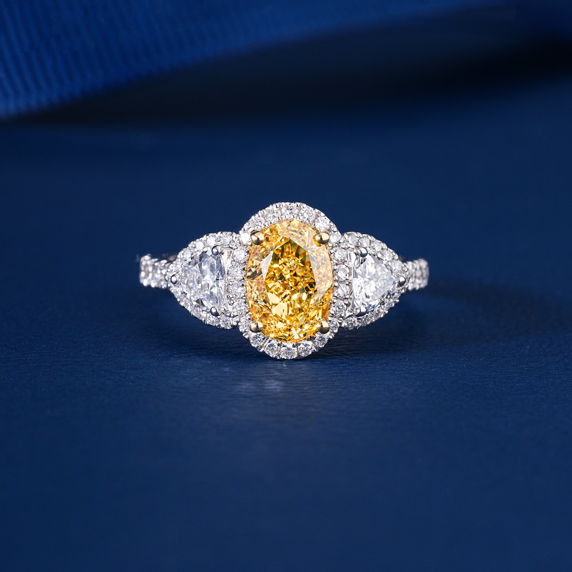 1.55 ct Yellow Oval Cut Diamond Two Trillion Diamond Engagement Ring