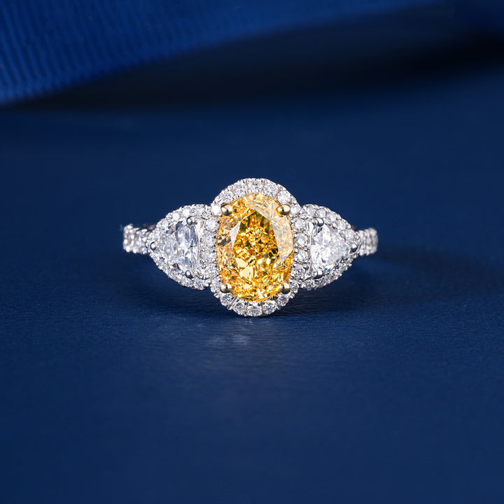 1.55 ct Yellow Oval Cut Diamond Two Trillion Diamond Engagement Ring