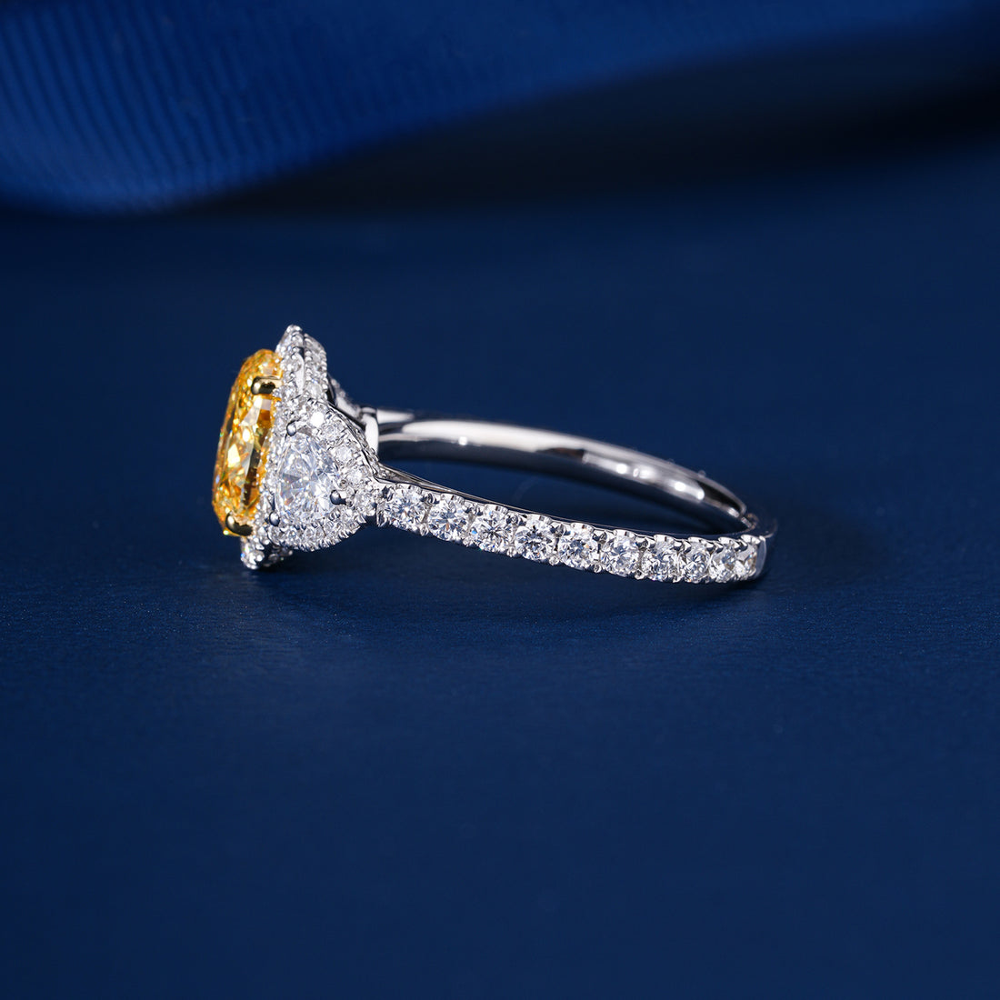 1.55 ct Yellow Oval Cut Diamond Two Trillion Diamond Engagement Ring