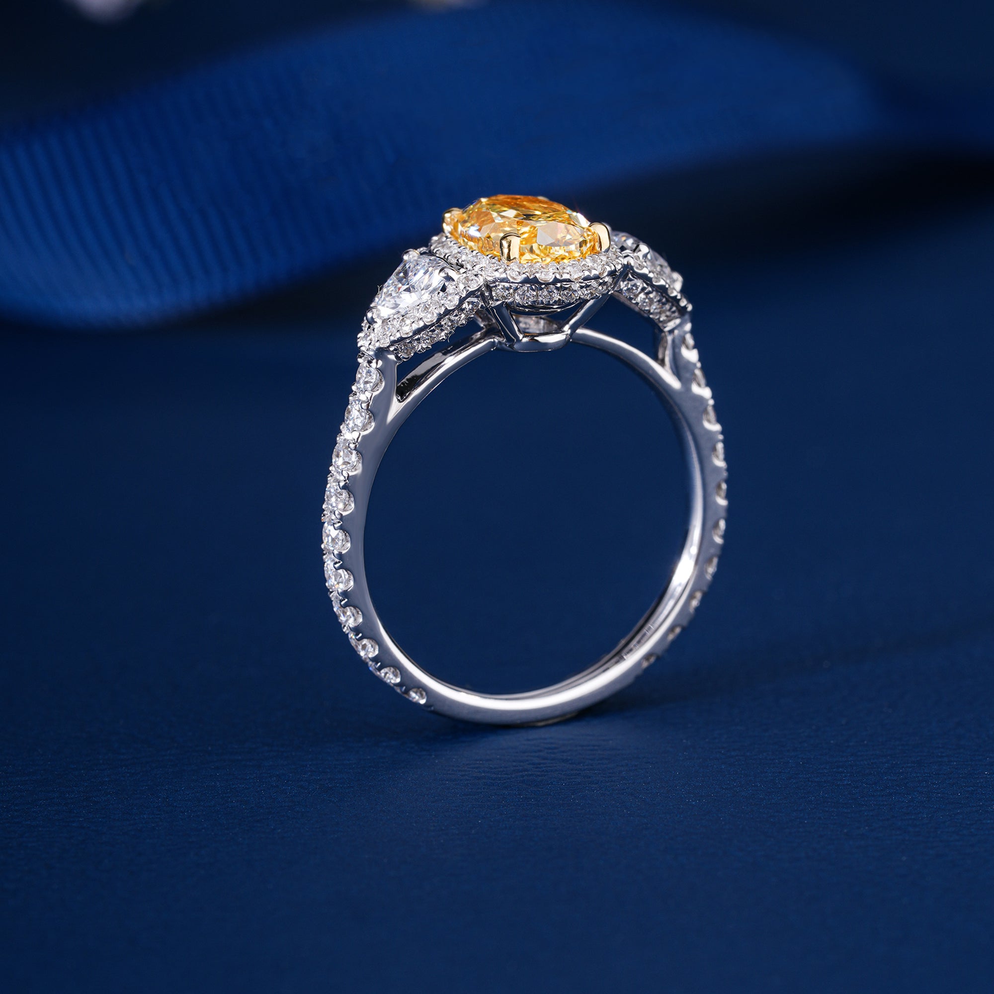 1.55 ct Yellow Oval Cut Diamond Two Trillion Diamond Engagement Ring