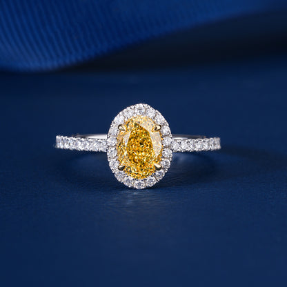 1.00 CT Fancy Yellow Oval Lab Grown Diamond Halo Classic Pave Engagement Ring