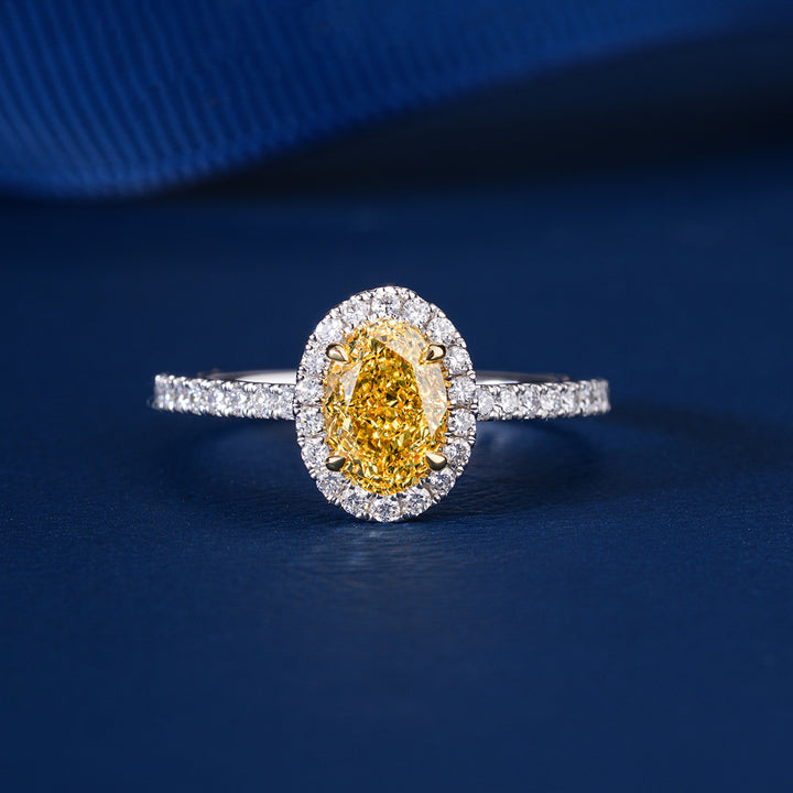 1.10 CT Fancy Yellow Oval Lab Grown Diamond Halo Classic Pave Engagement Ring