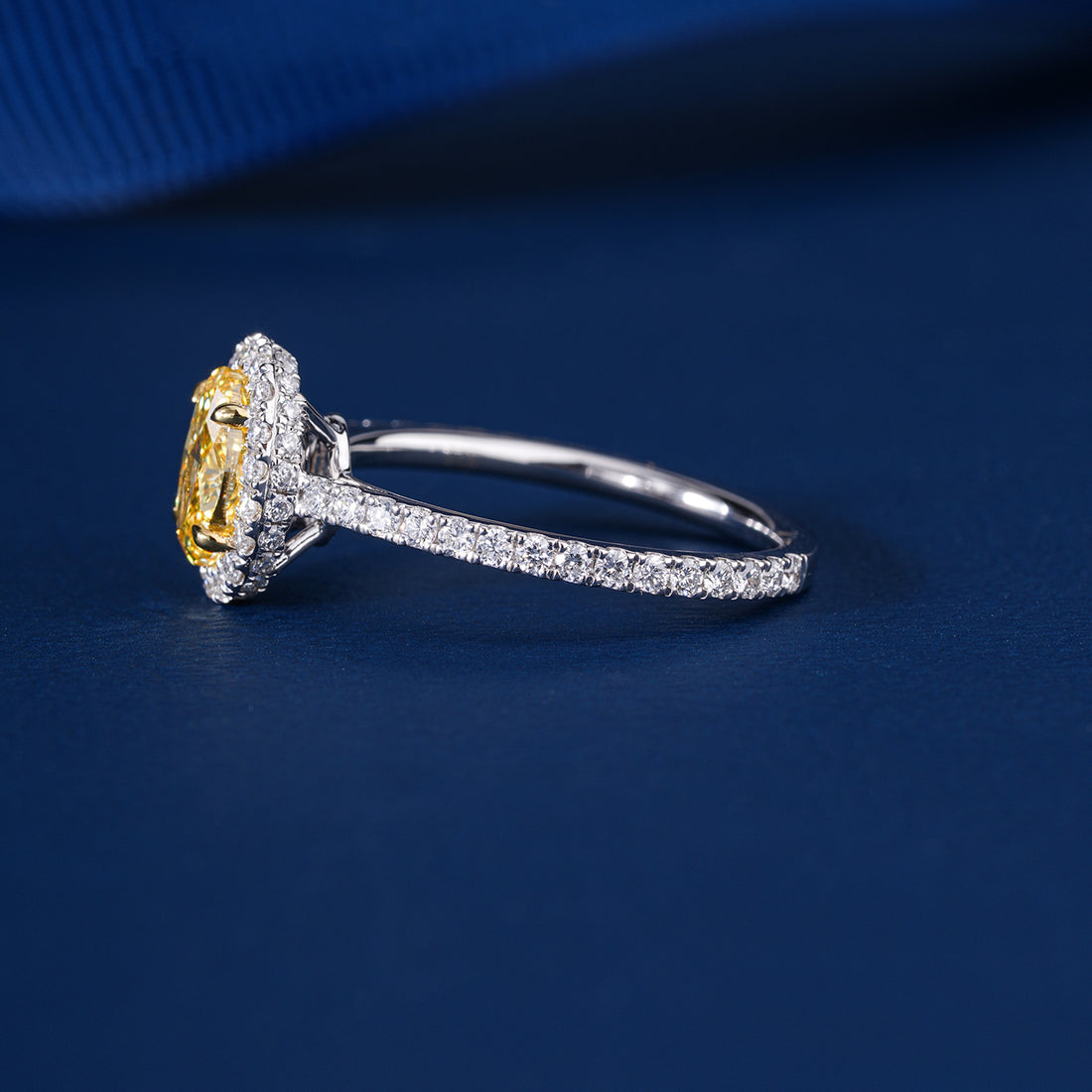 1.10 CT Fancy Yellow Oval Lab Grown Diamond Halo Classic Pave Engagement Ring