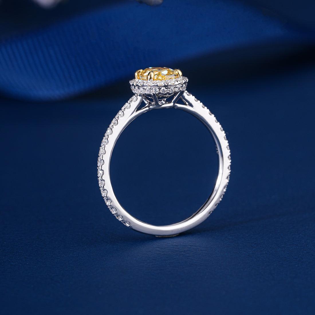 1.10 CT Fancy Yellow Oval Lab Grown Diamond Halo Classic Pave Engagement Ring