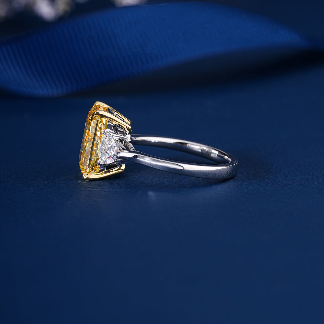 4.45 CT Radiant Cut Yellow Sapphire With Side Two Trillion Lab Grown Diamond