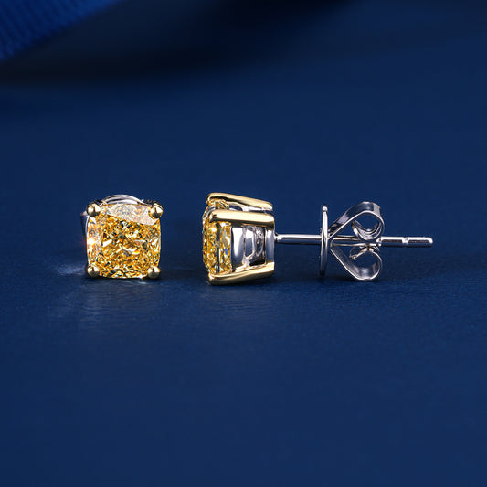 2.0 TCW Yellow Diamond Cushion Cut Lab Grown Diamond Stud Earrings