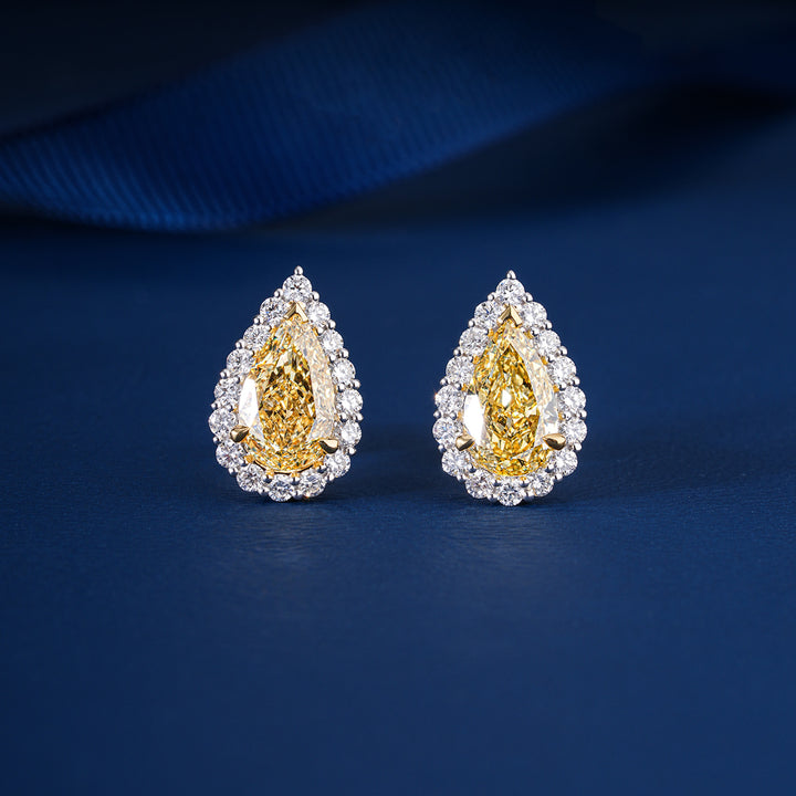 3.70 TCW Lab Grown Diamond Yellow Pear Cut Halo Stud Earrings