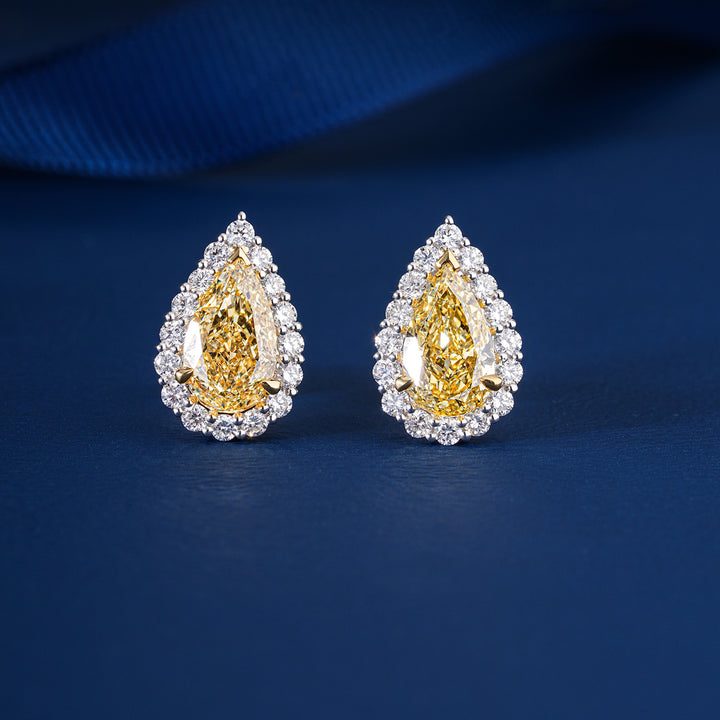 1.60 TCW Lab Grown Diamond Yellow Pear Cut Halo Stud Earrings