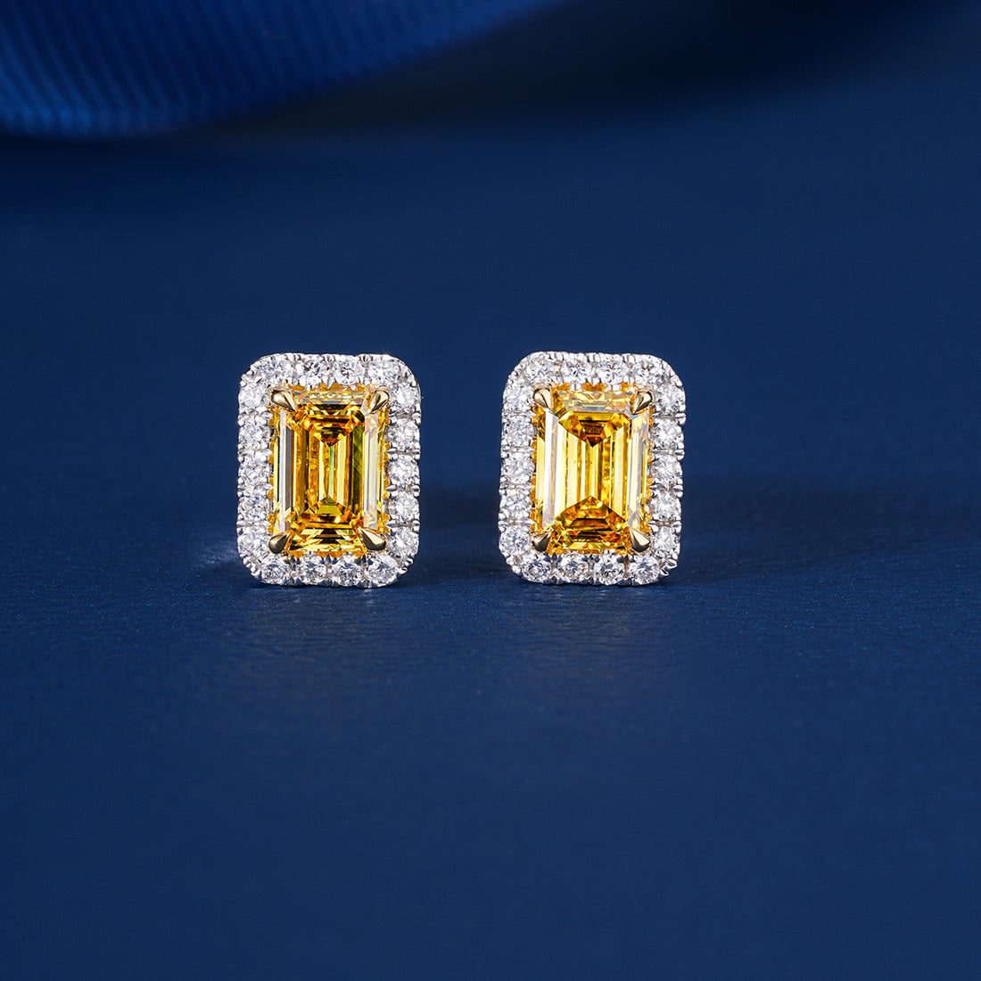 1.75 TCW Lab Grown Diamond Fancy Yellow Emerald Cut Halo Stud Earrings