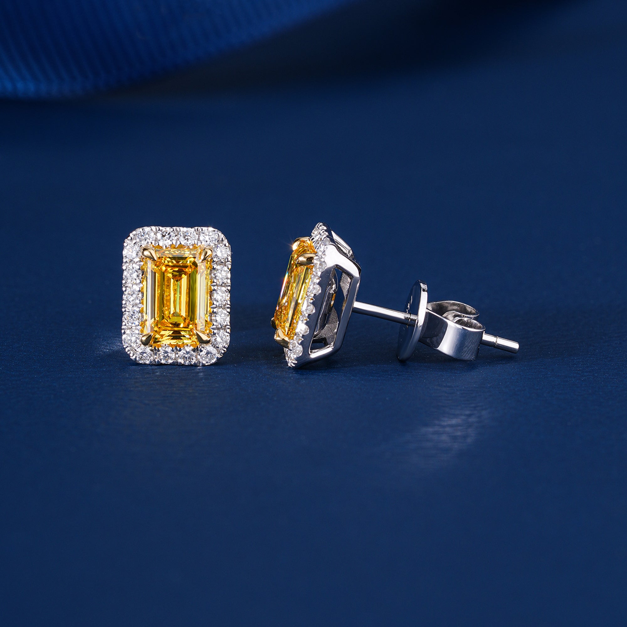 1.75 TCW Lab Grown Diamond Fancy Yellow Emerald Cut Halo Stud Earrings