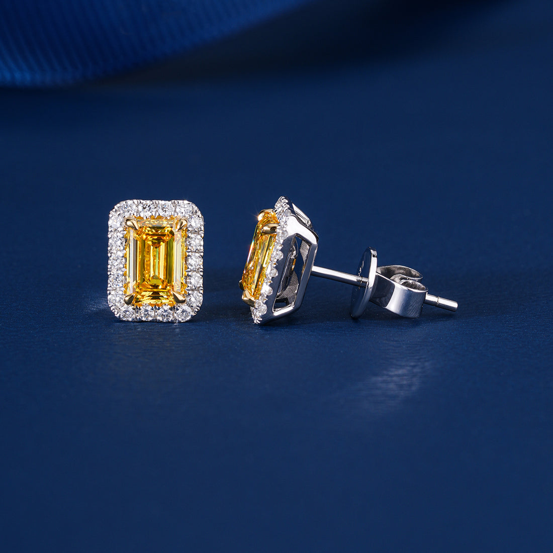 1.75 TCW Lab Grown Diamond Fancy Yellow Emerald Cut Halo Stud Earrings