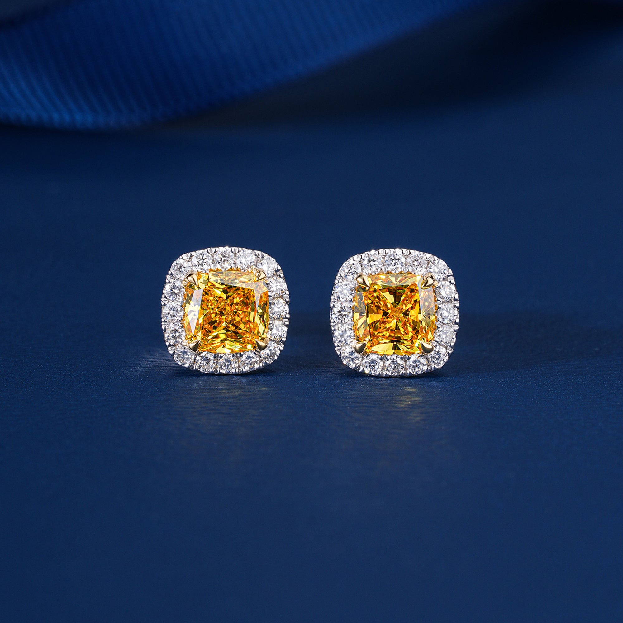 2.00 TCW Lab Grown Diamond Fancy Yellow Cushion Cut Halo Stud Earrings