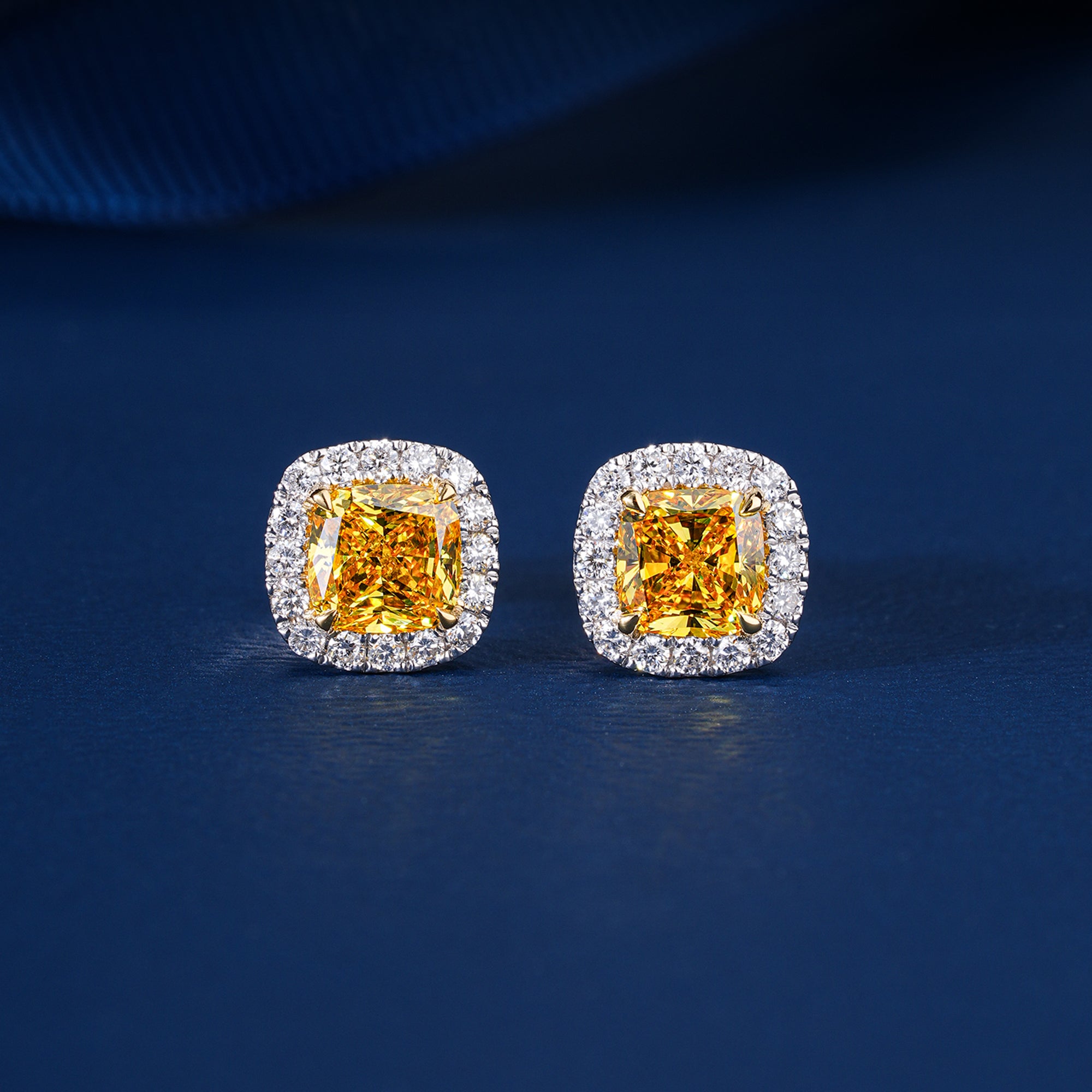 3.55 TCW Lab Grown Diamond Fancy Yellow Cushion Cut Halo Stud Earrings