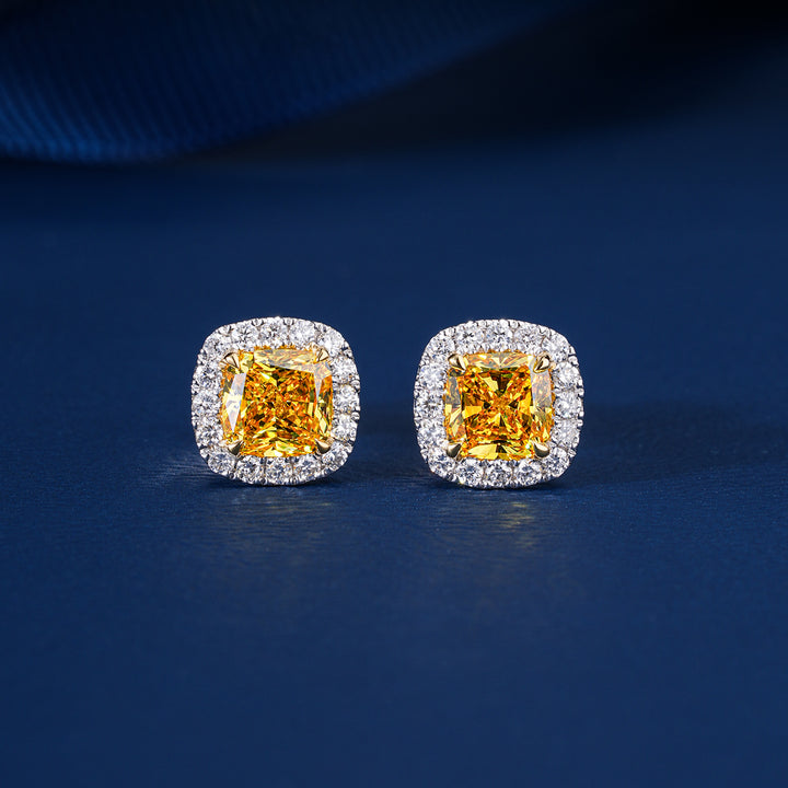 3.55 TCW Lab Grown Diamond Fancy Yellow Cushion Cut Halo Stud Earrings
