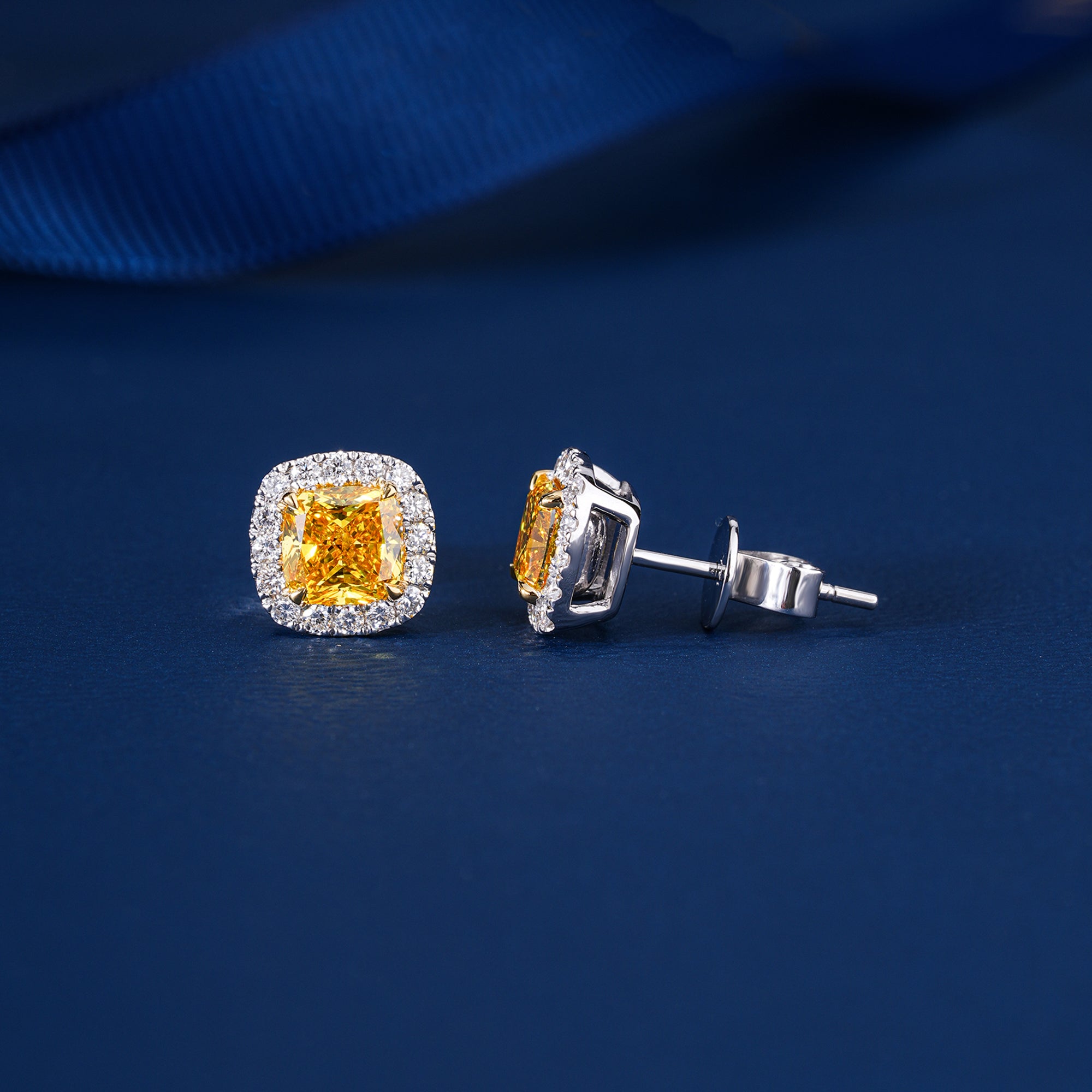 2.00 TCW Lab Grown Diamond Fancy Yellow Cushion Cut Halo Stud Earrings