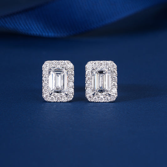2.50 TCW Lab Grown Diamond Emerald Cut Halo Stud Earrings