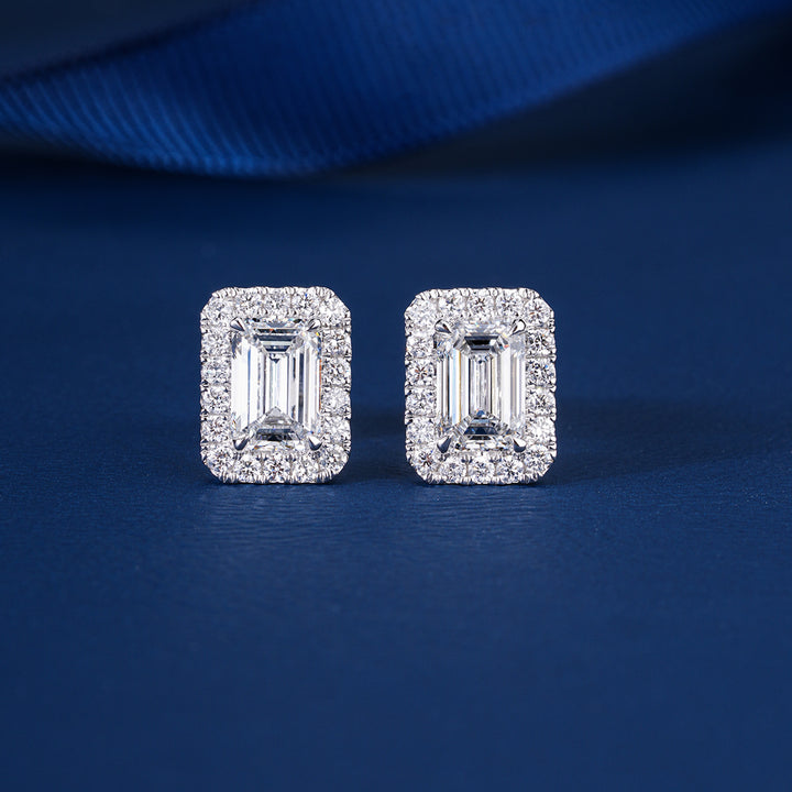 2.50 TCW Lab Grown Diamond Emerald Cut Halo Stud Earrings