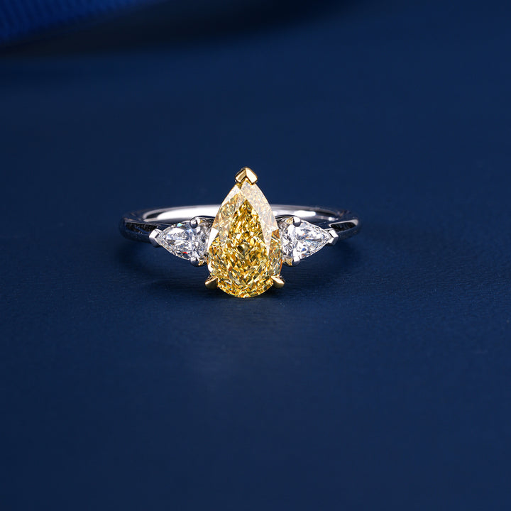 1.75 CT Pear Fancy Cut Yellow Diamond ,Three Stone Style Engagement Ring
