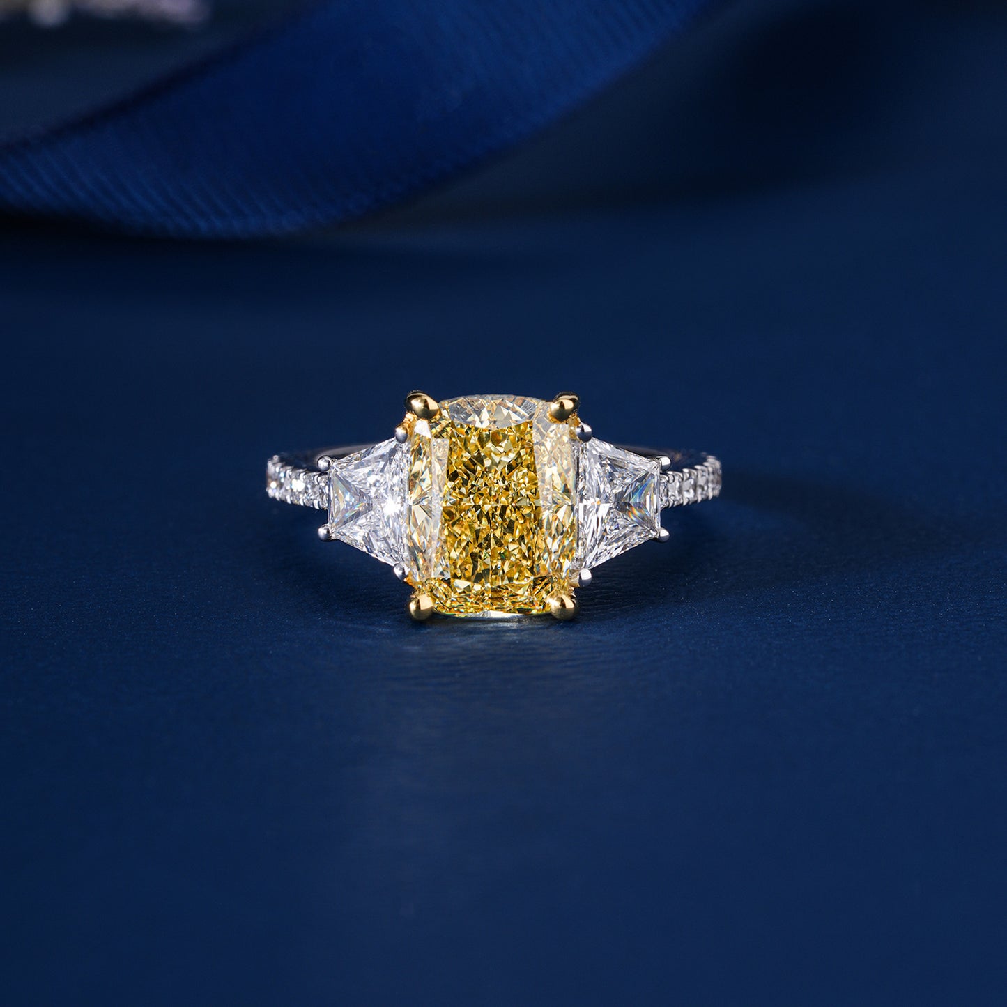 3.00 Ct Radiant Cut Yellow Lab Grown Diamond Trilogy Trapezoid Pave Stone Ring