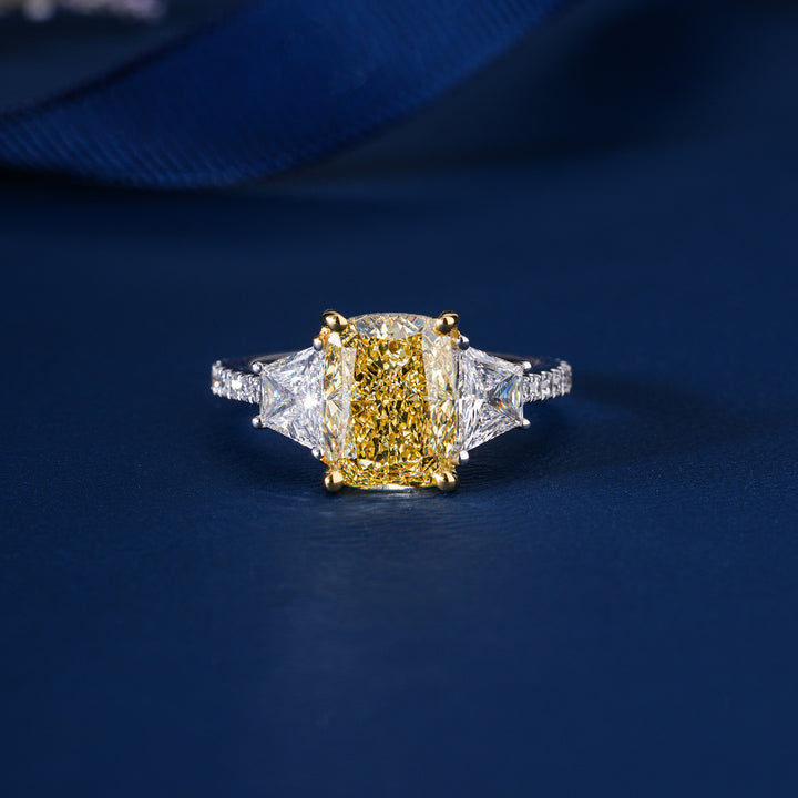 3.00 Ct Radiant Cut Yellow Lab Grown Diamond Trilogy Trapezoid Pave Stone Ring
