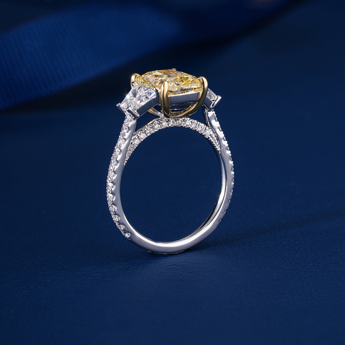 3.00 Ct Radiant Cut Yellow Lab Grown Diamond Trilogy Trapezoid Pave Stone Ring