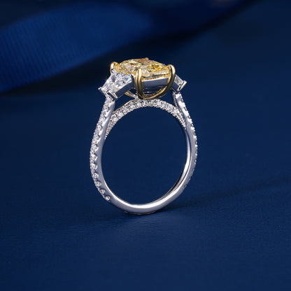 3.00 Ct Radiant Cut Yellow Lab Grown Diamond Trilogy Trapezoid Pave Stone Ring