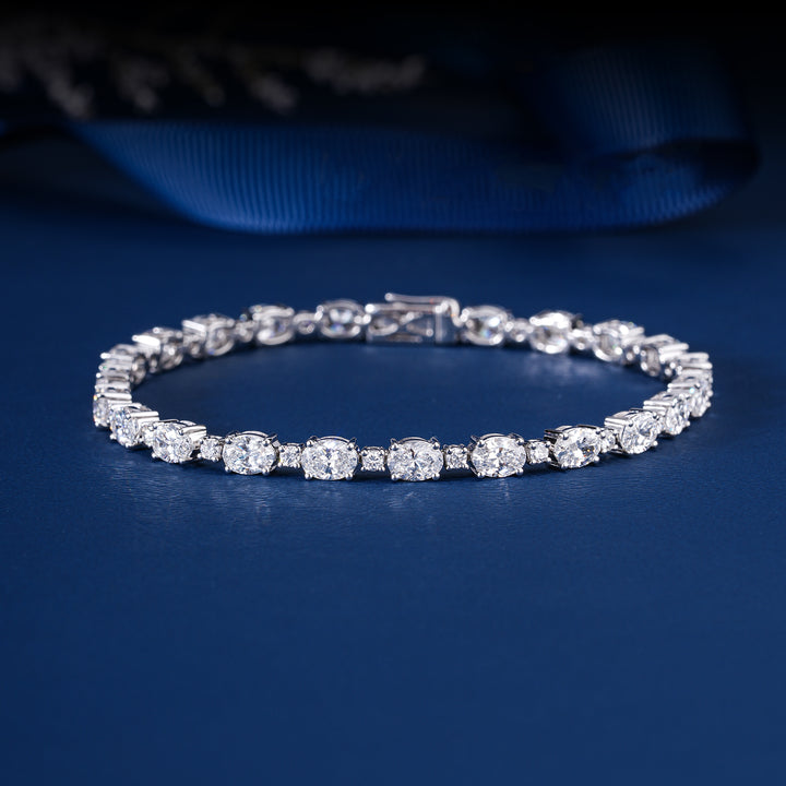 Stunning 7.61 CTW Lab Grown Diamond Tennis Bracelet Fancy Oval Shape with Round Accents Solid 14k Gold