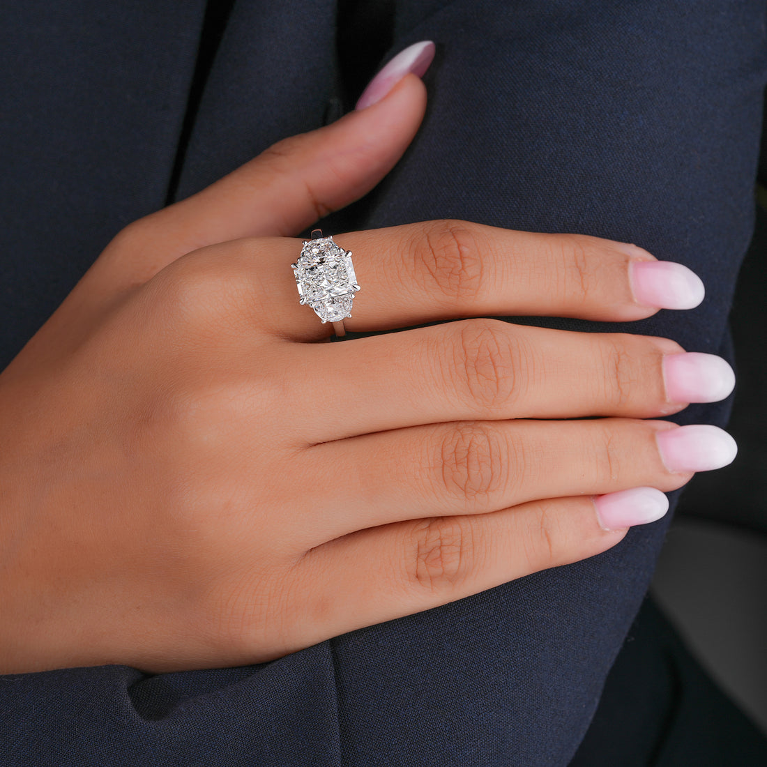 3.10 ct Radiant Cut Lab Grown Diamond Trilogy Half moon Stone Ring