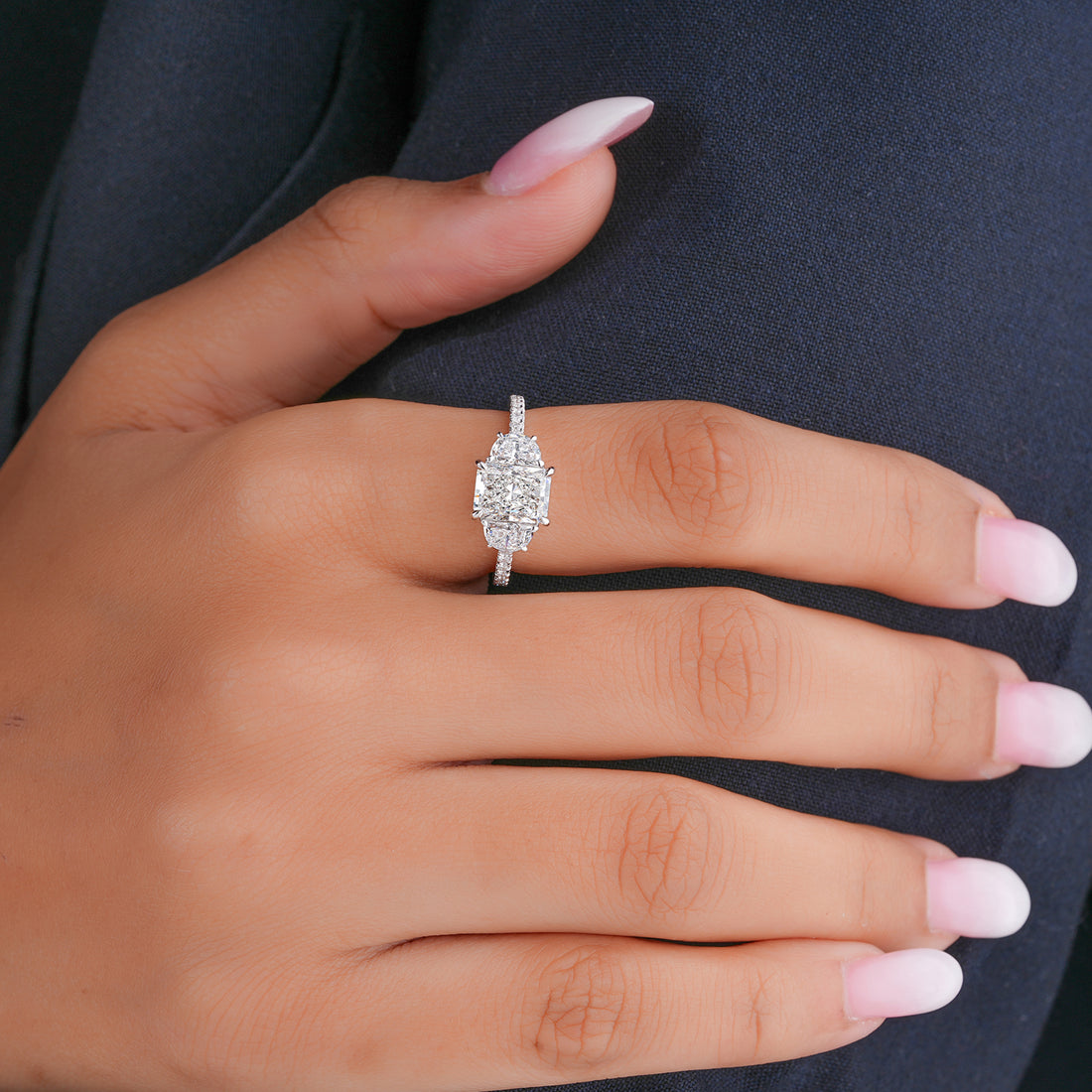 1.50 Ct Radiant Cut Lab Grown Diamond Three Stone Ring