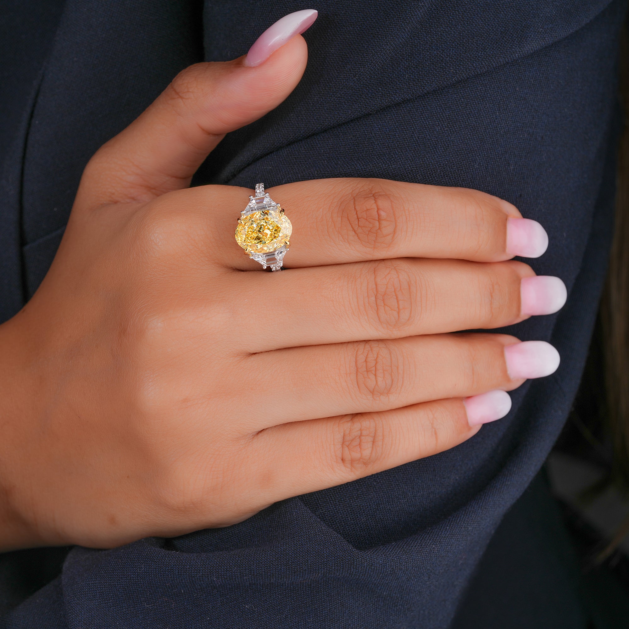 5.55 CT Fancy Yellow Oval Cut Lab-Grown Diamond Three Stone Engagement Ring