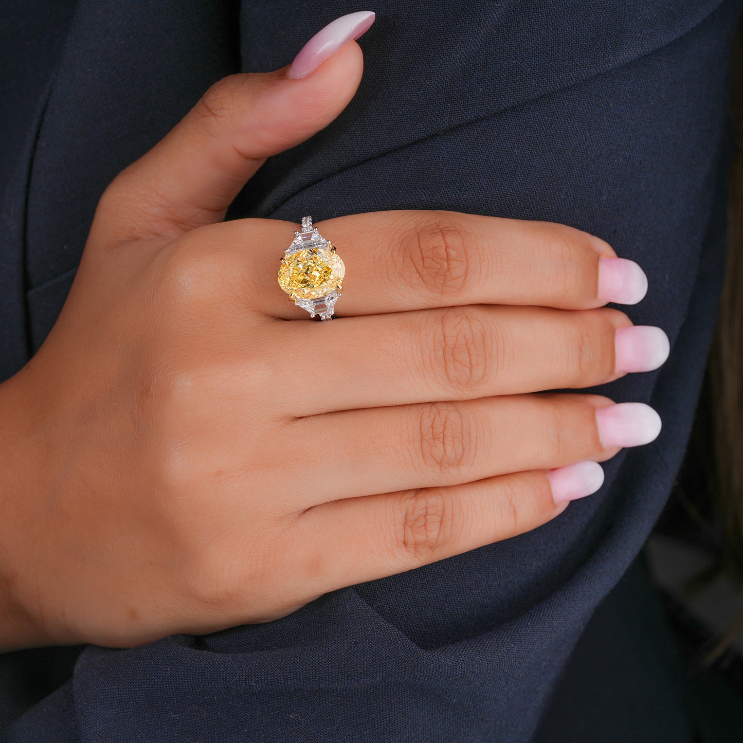 5.50 CT Fancy Yellow Oval Cut Lab-Grown Diamond Three Stone Engagement Ring