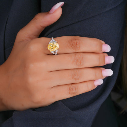 5.50 CT Fancy Yellow Oval Cut Lab-Grown Diamond Three Stone Engagement Ring