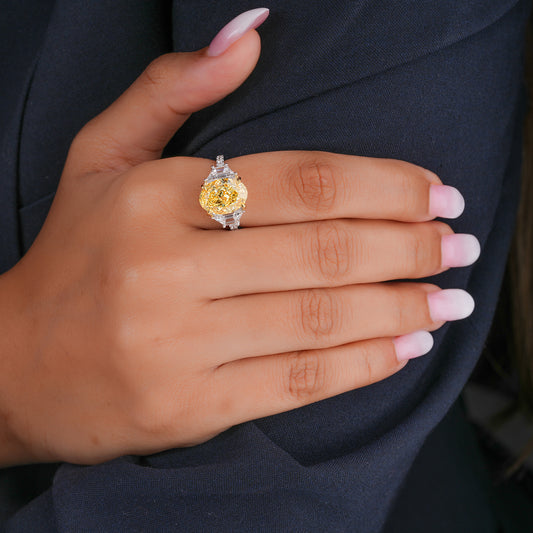 5.50 CT Fancy Yellow Oval Cut Lab-Grown Diamond Three Stone Engagement Ring