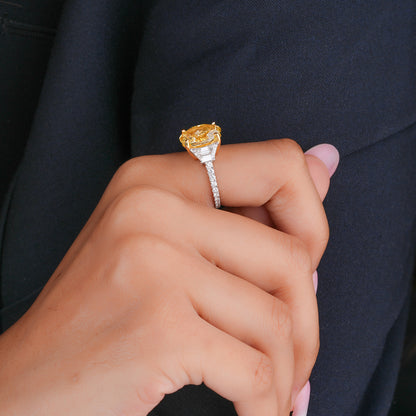 5.50 CT Fancy Yellow Oval Cut Lab-Grown Diamond Three Stone Engagement Ring