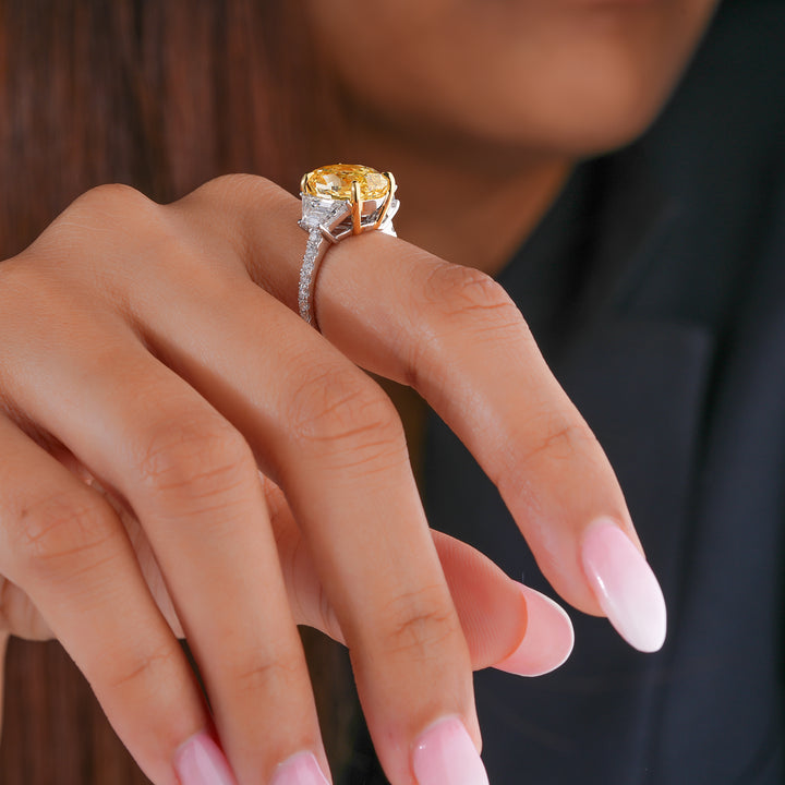 5.55 CT Fancy Yellow Oval Cut Lab-Grown Diamond Three Stone Engagement Ring