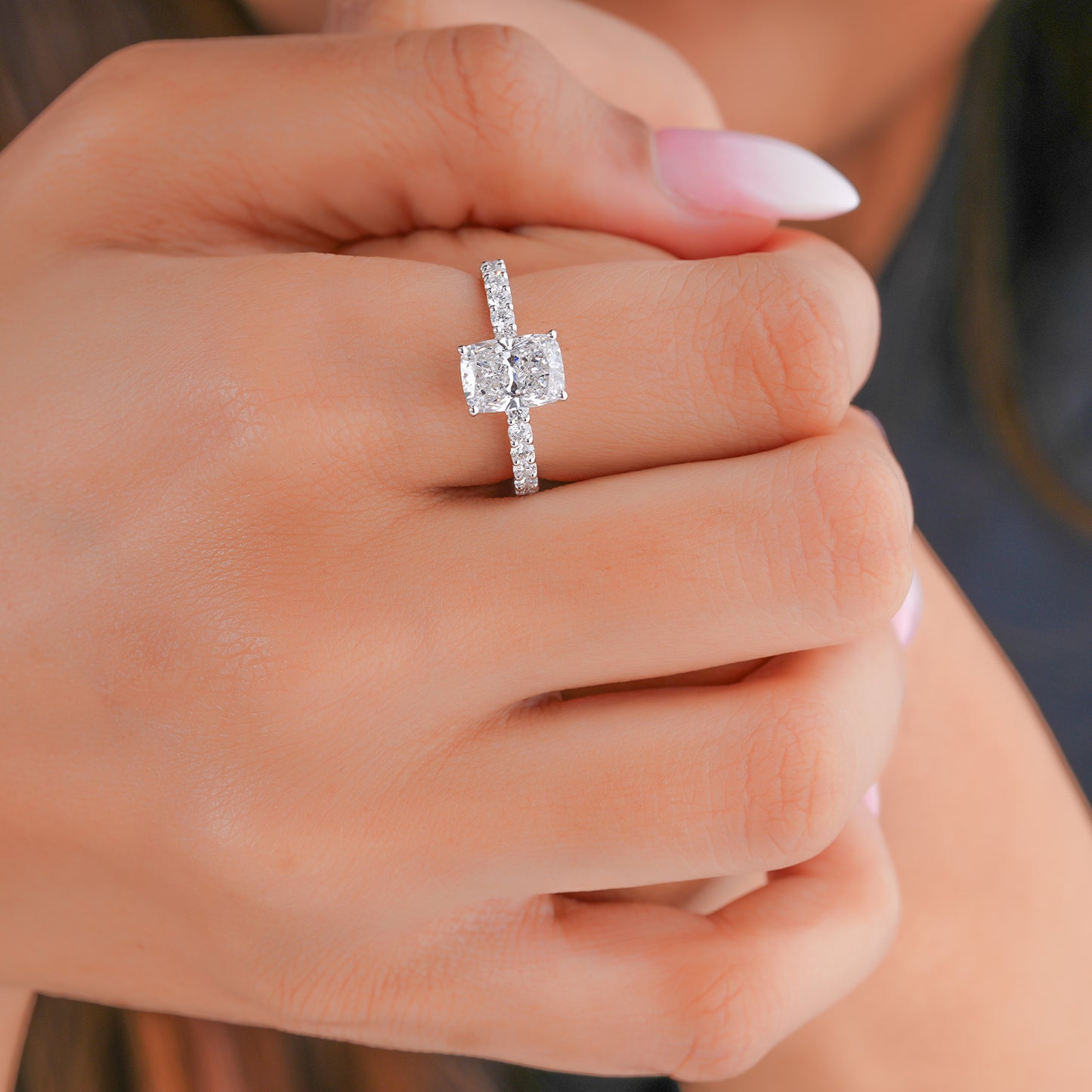 2.00 CT Cushion Cut Lab Grown Diamond Hidden Halo Pave Setting Engagement Ring