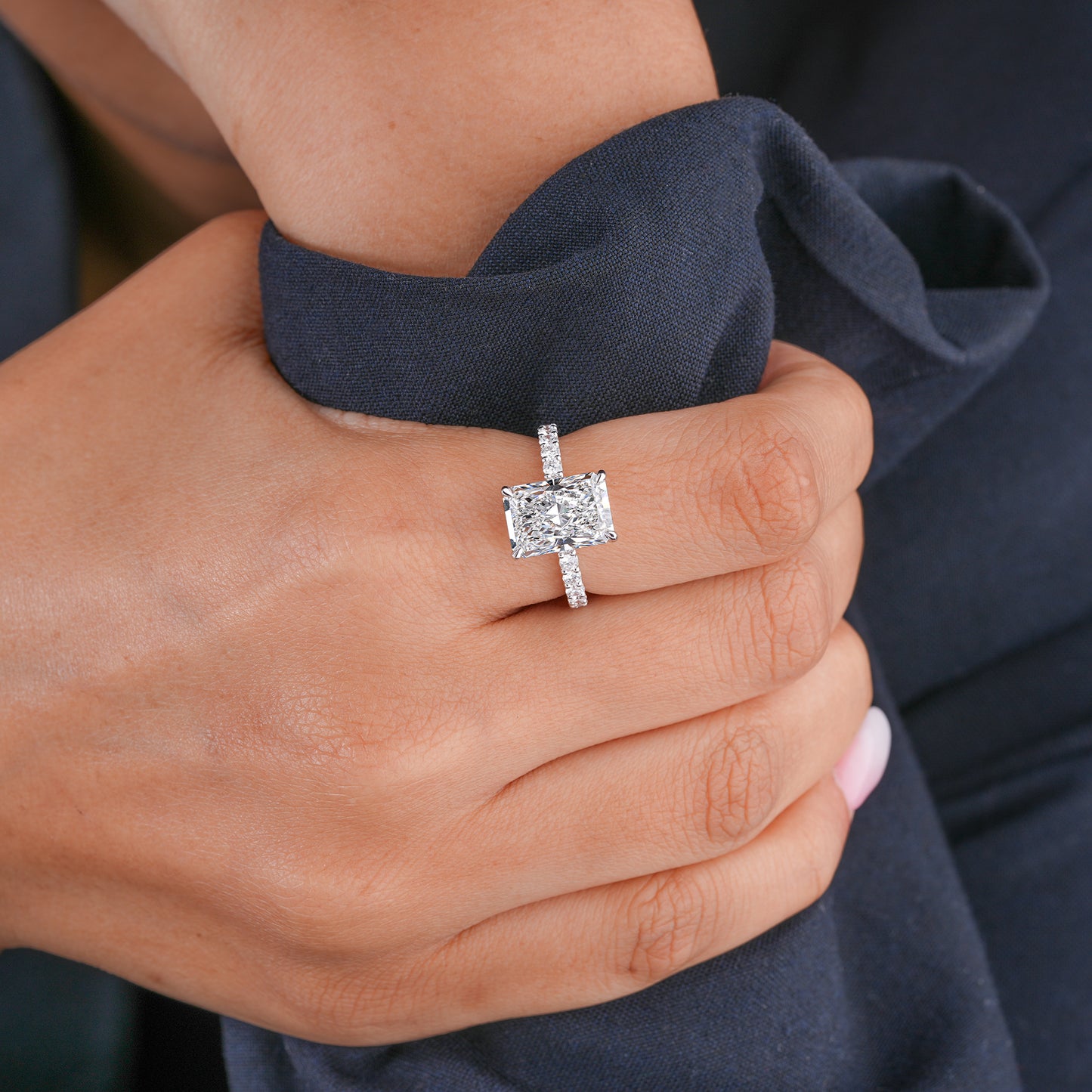 4.00 CT Elongated Cushion Lab Grown Diamond Hidden Halo Pave Set Engagement ring