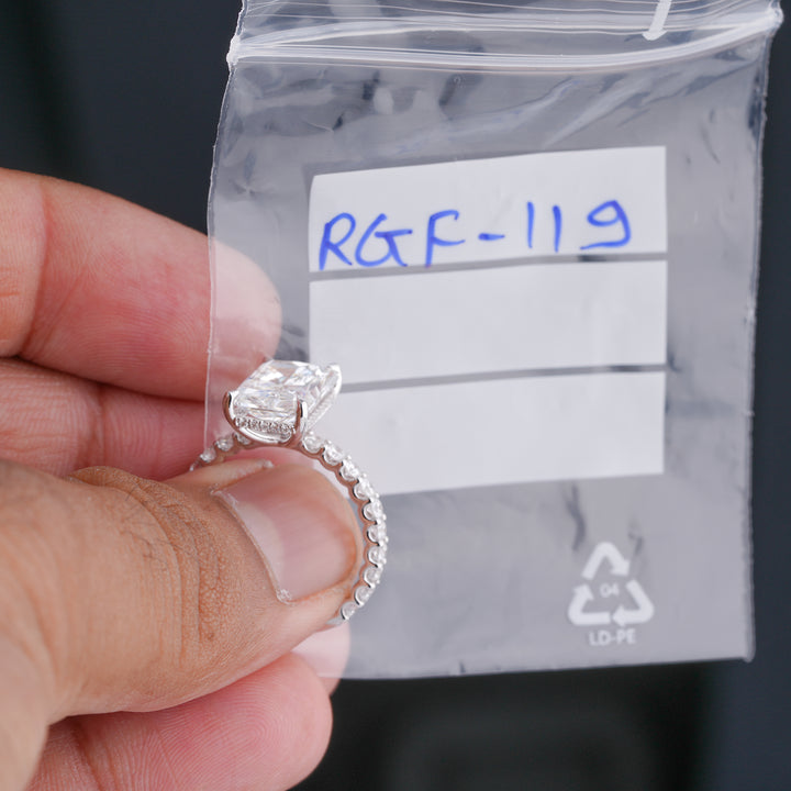 4.05 CT Elongated Cushion Lab Grown Diamond Hidden Halo Pave Set Engagement ring