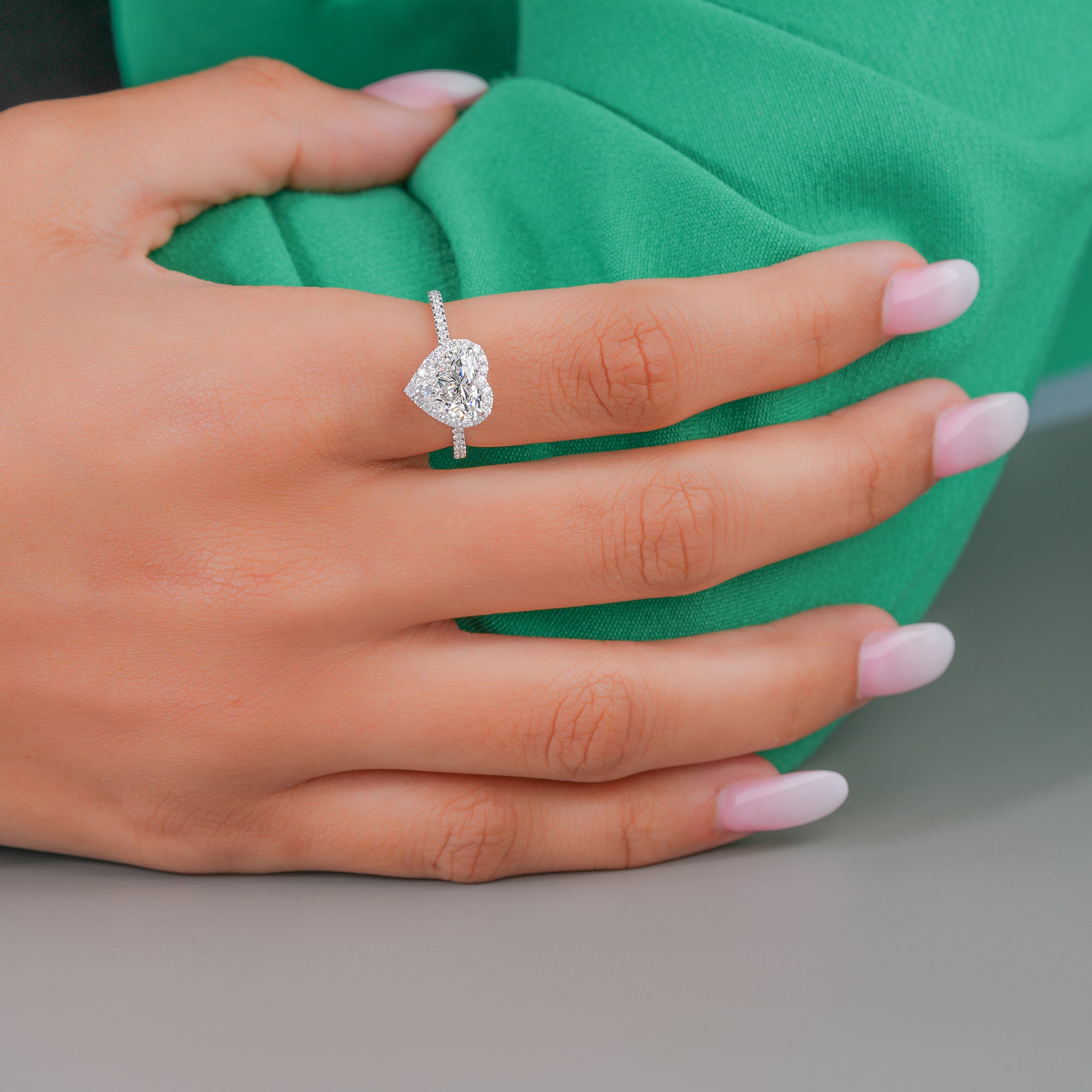 1.77 CT Heart Shape Lab Grown Diamond Ring Halo Setting Solid 14k Gold Pave Band Promise Engagement Anniversary Ring