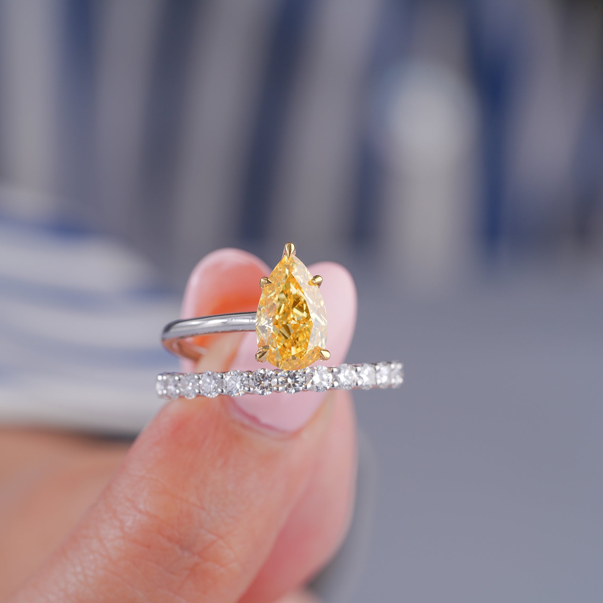 1.6 CT IGI Certified Yellow Pear Double Band Engagement Ring