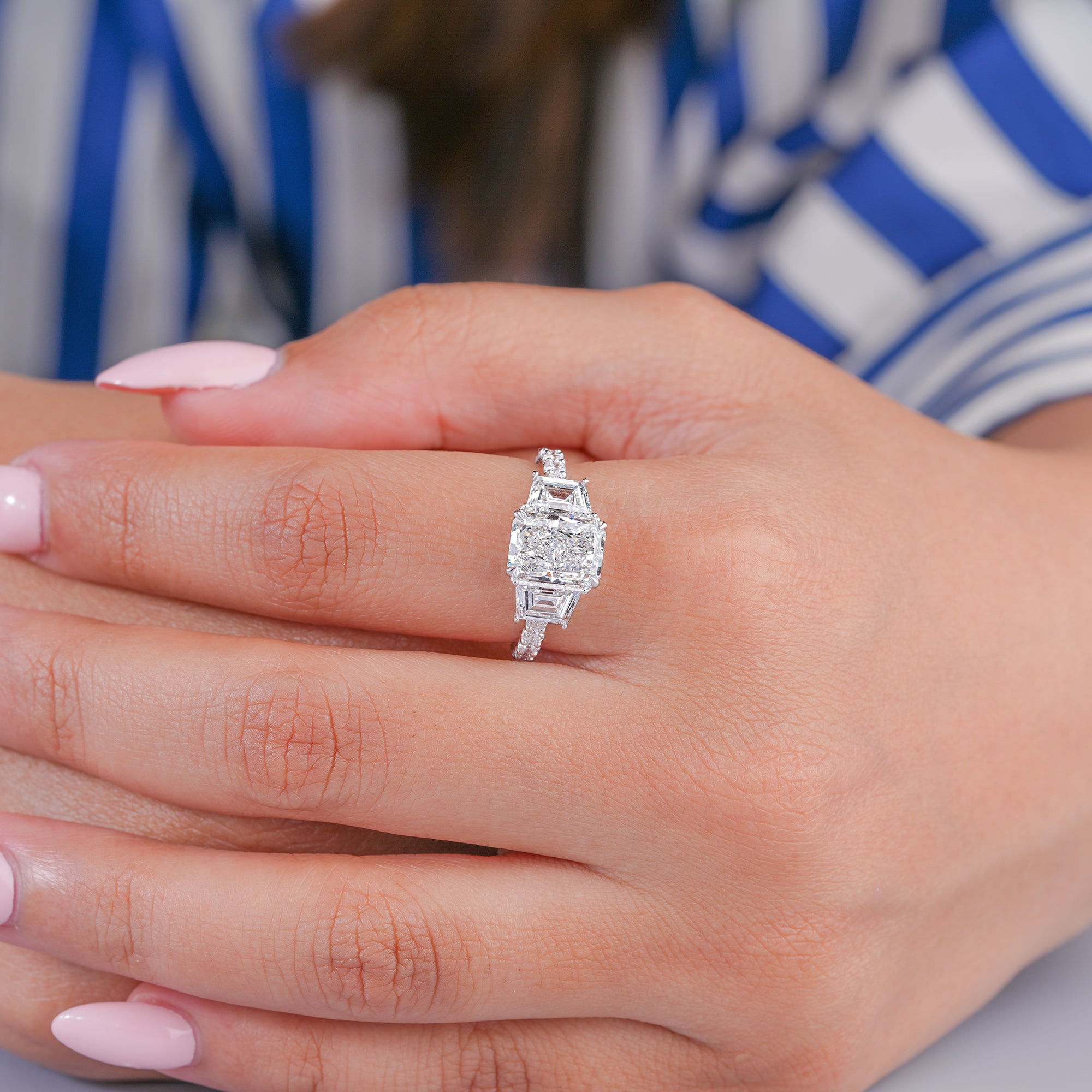 2 ct Radiant Lab Grown Diamond Three Stone Trapezoid Pave Set Engagement Ring