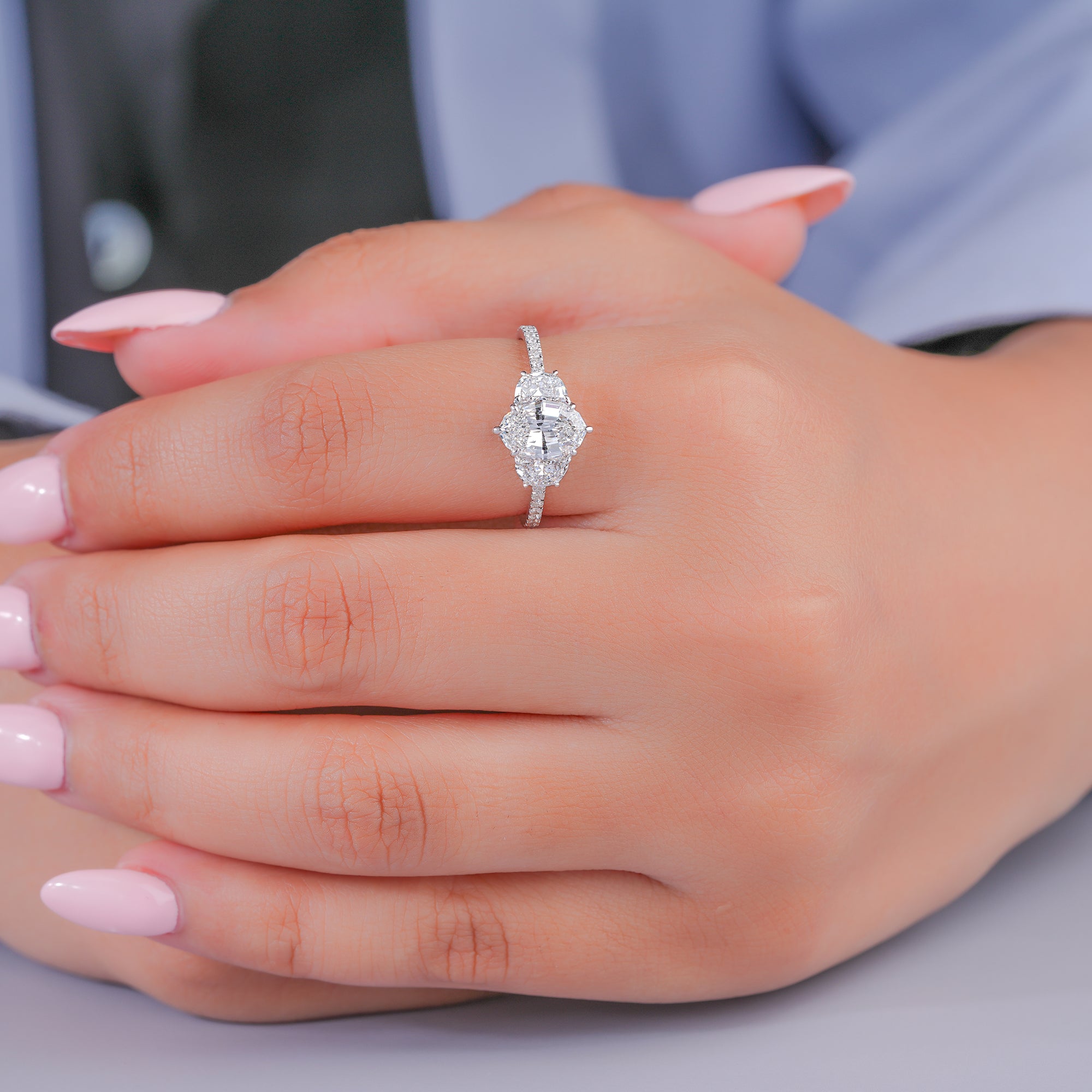 1.2 Carat Oval Diamond Trilogy Pave Band Unique Engagement Ring