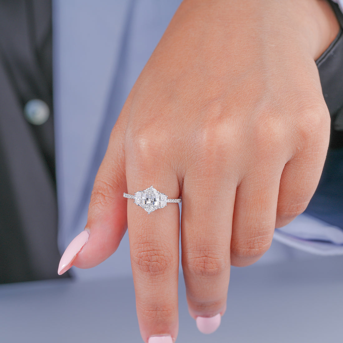 1.2 Carat Oval Diamond Trilogy Pave Band Unique Engagement Ring