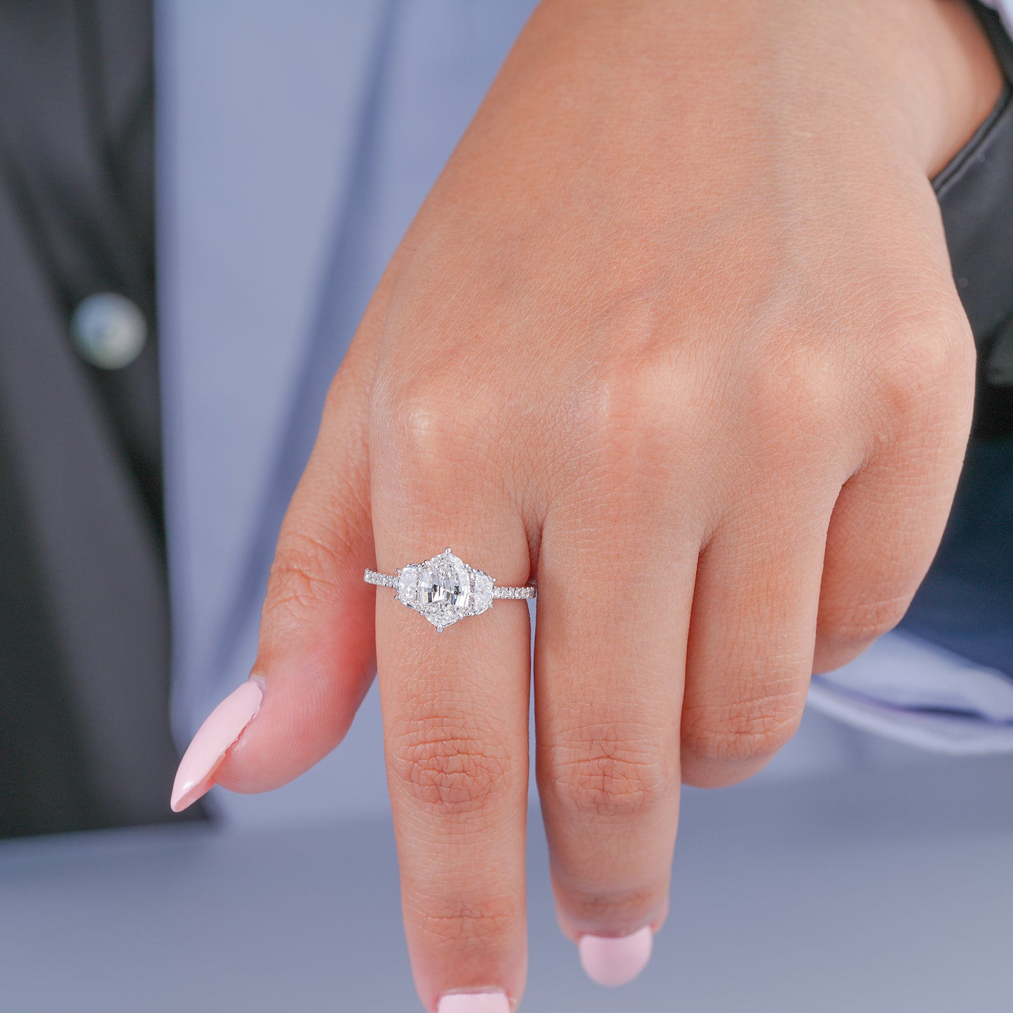 1.00 Carat Oval Diamond Trilogy Pave Band Unique Engagement Ring